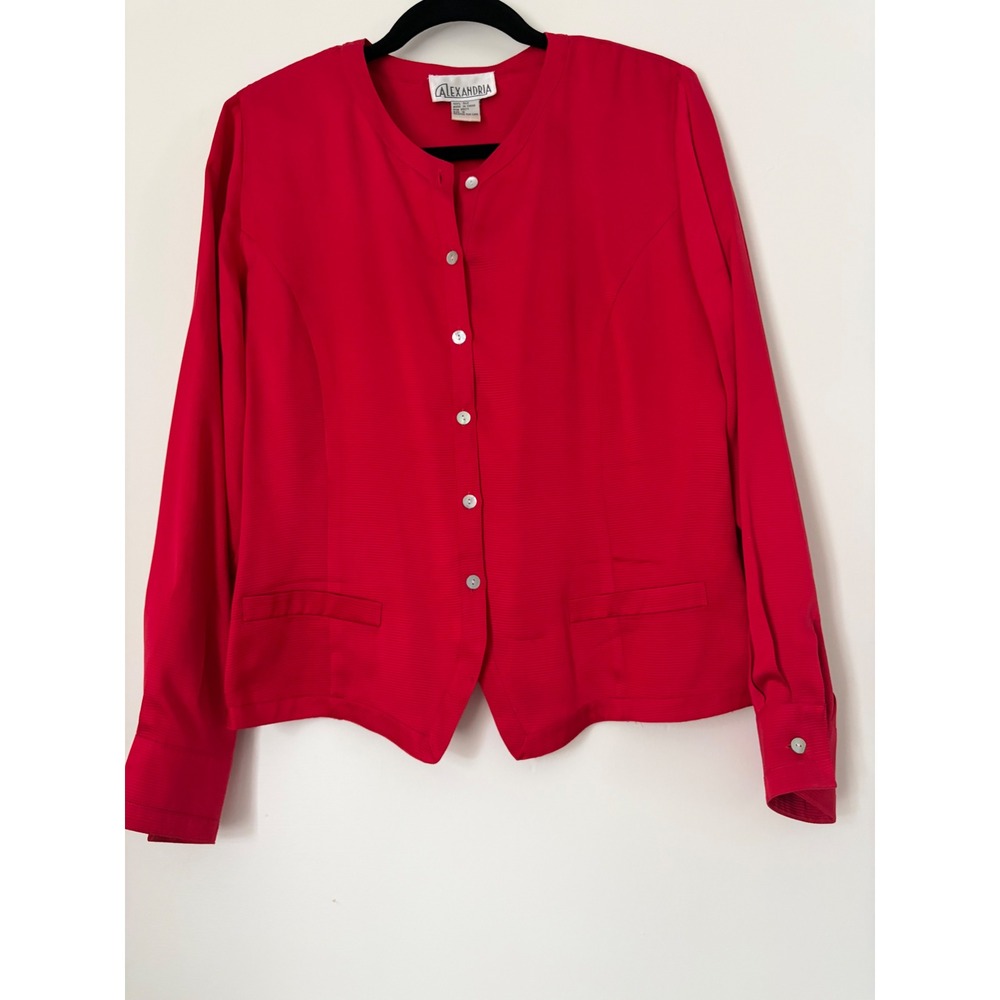 Vintage Alexandria Red Silk Blouse Button Front Ribbed Texture Top Size 10